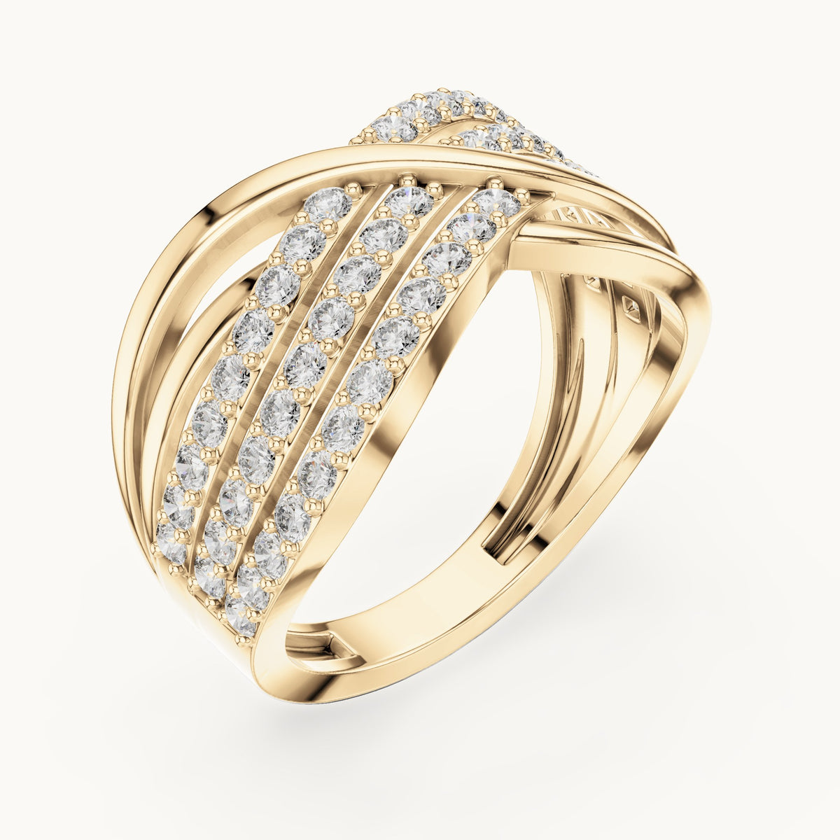 Round lab-grown diamond x crossover pavé ring in yellow gold, 0.784 CT TW, view 2