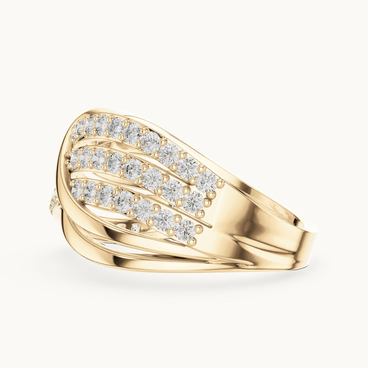 Round lab-grown diamond x crossover pavé ring in yellow gold, 0.784 CT TW, view 3