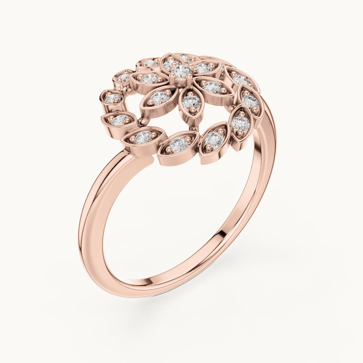 Round lab-grown diamond floral ring in rose gold, 0.195 CT TW, view 2