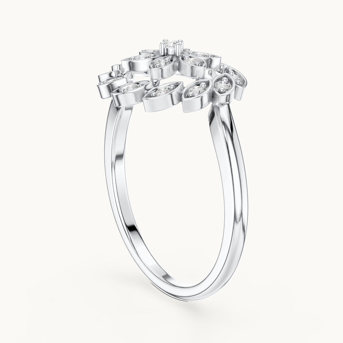 Round lab-grown diamond floral ring in white gold, 0.195 CT TW, view 1