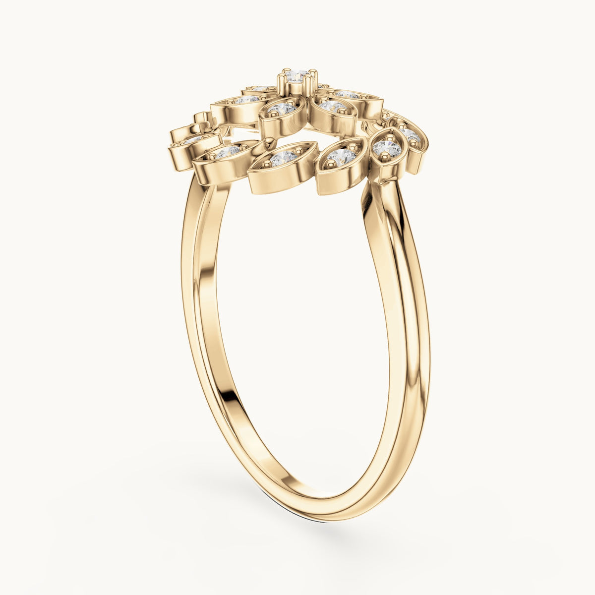 Round lab-grown diamond floral ring in yellow gold, 0.195 CT TW, view 1