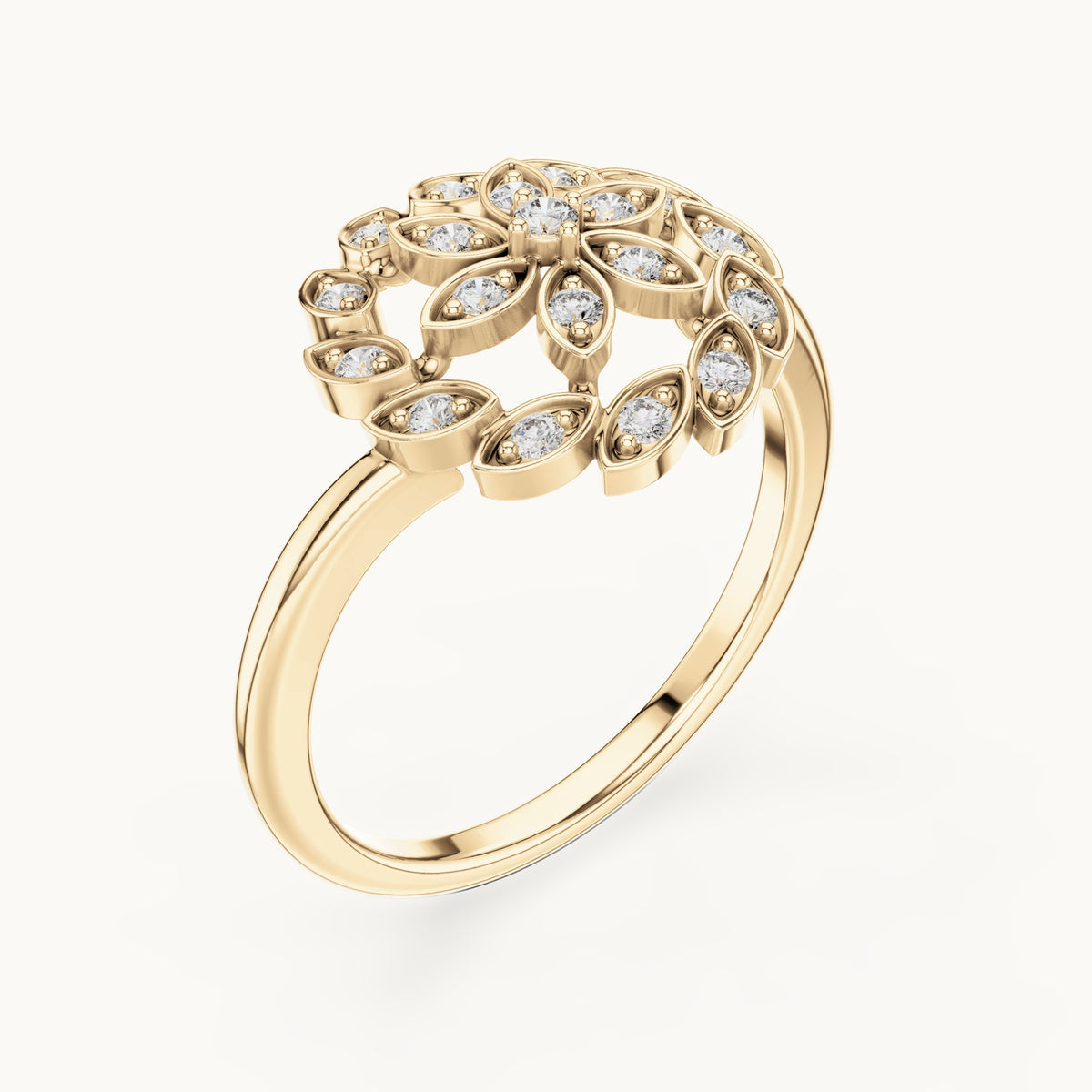 Round lab-grown diamond floral ring in yellow gold, 0.195 CT TW, view 2