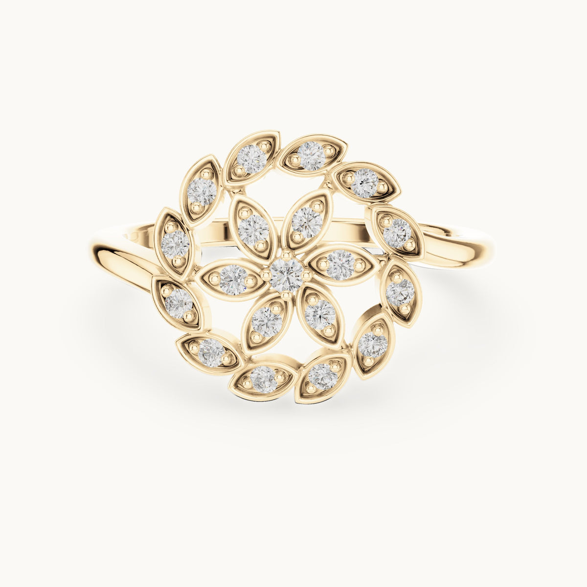 Round lab-grown diamond floral ring in yellow gold, 0.195 CT TW, view 4