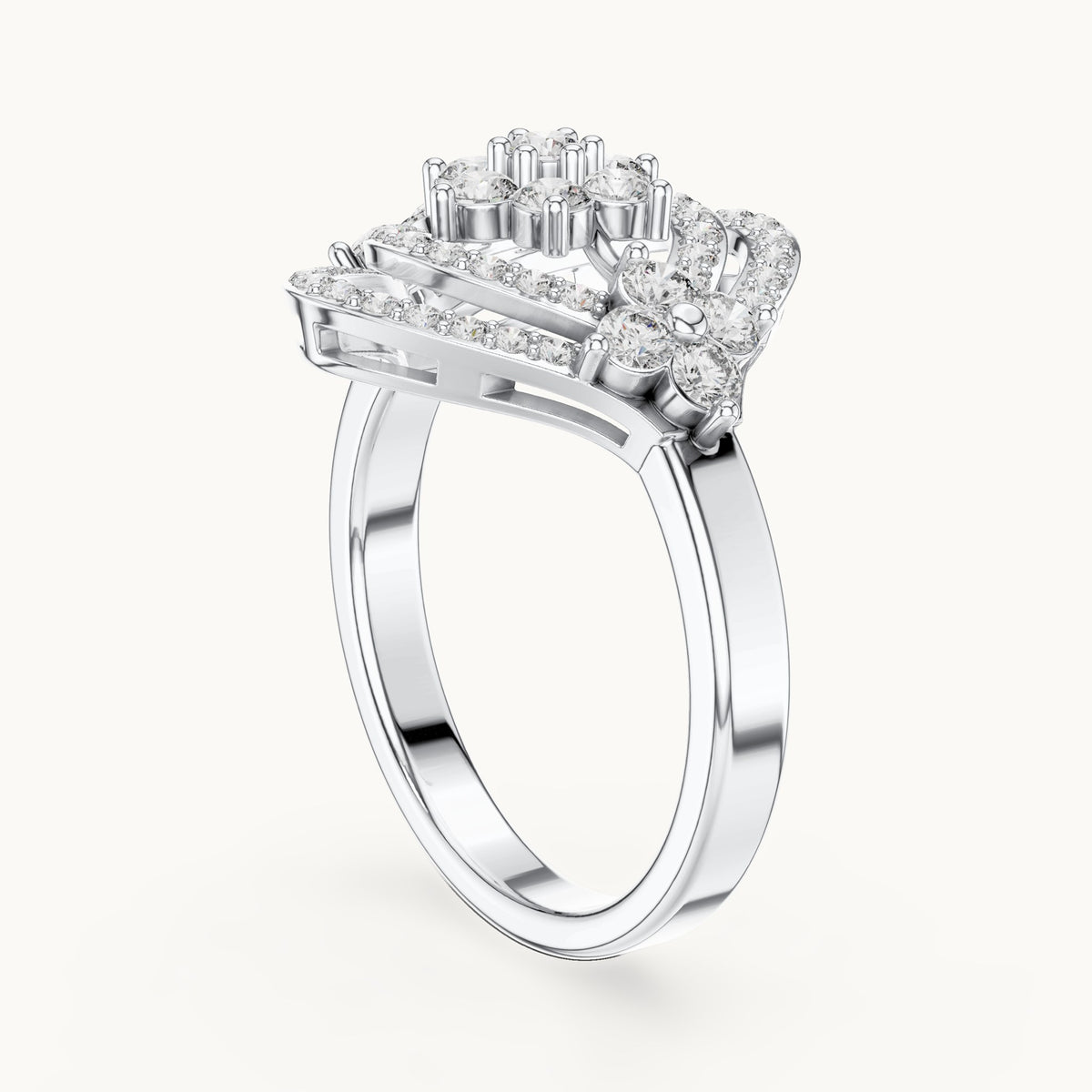 Round lab-grown diamond cluster ring in white gold, 0.90 CT TW, view 1