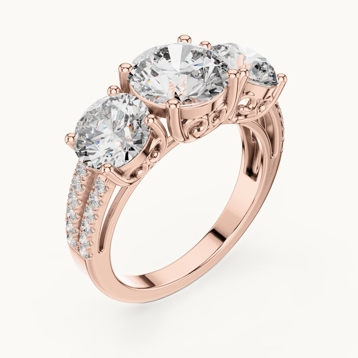 Round lab-grown diamond three-stone engagement ring with split pavé shank in rose gold, 4.192 CT TW, view 2