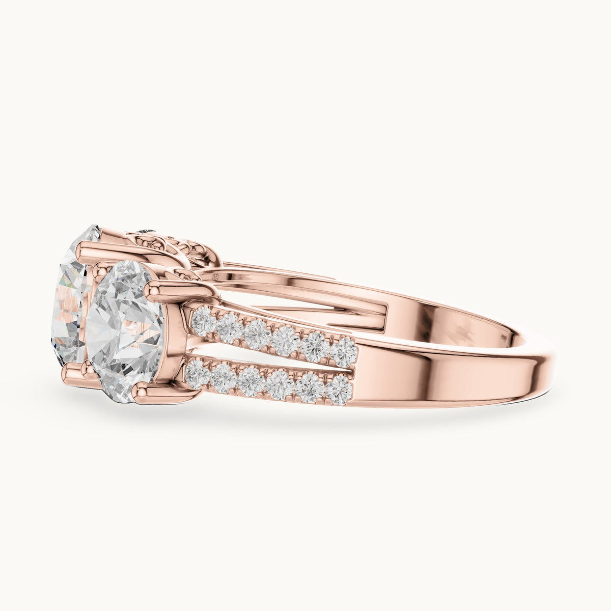 Round lab-grown diamond three-stone engagement ring with split pavé shank in rose gold, 4.192 CT TW, view 3