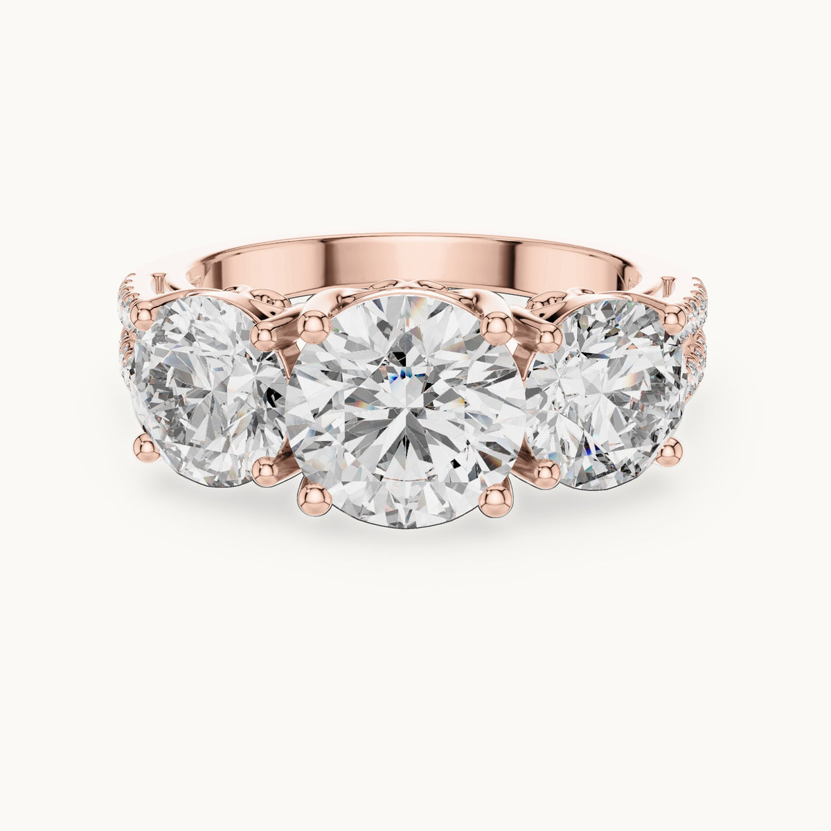 Round lab-grown diamond three-stone engagement ring with split pavé shank in rose gold, 4.192 CT TW, view 4