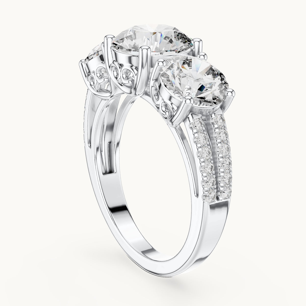 Round lab-grown diamond three-stone engagement ring with split pavé shank in white gold, 4.192 CT TW, view 1