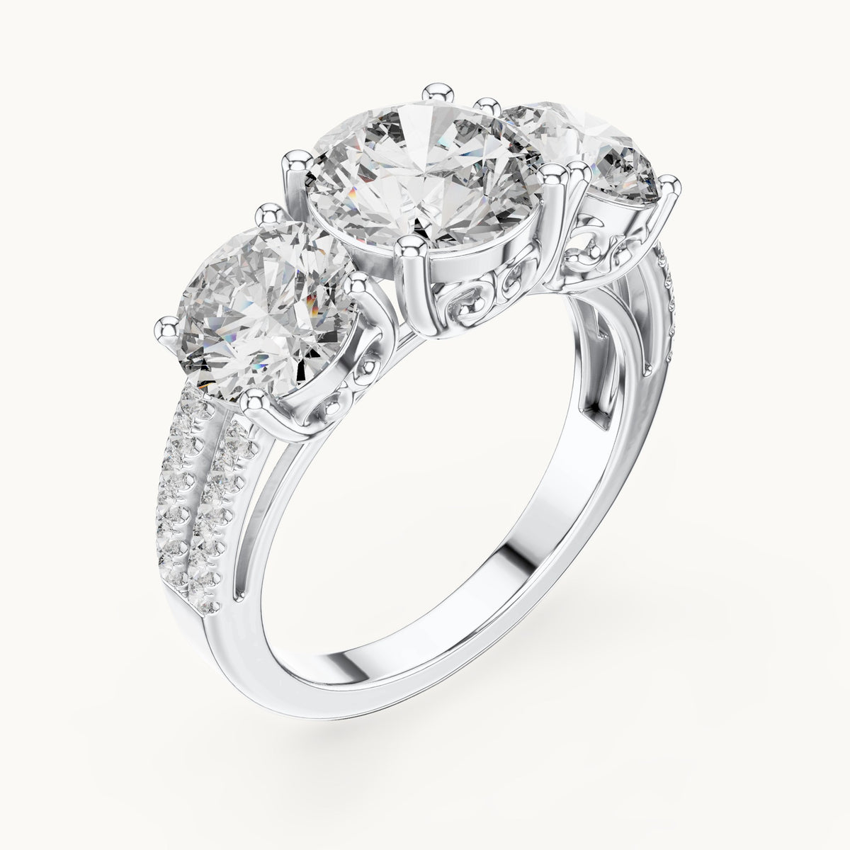 Round lab-grown diamond three-stone engagement ring with split pavé shank in white gold, 4.192 CT TW, view 2