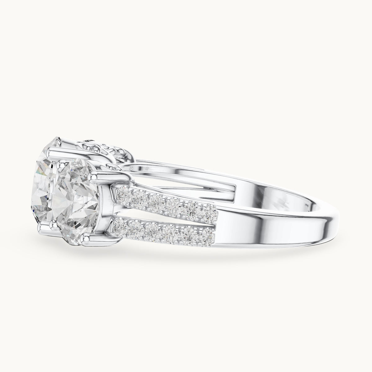Round lab-grown diamond three-stone engagement ring with split pavé shank in white gold, 4.192 CT TW, view 3