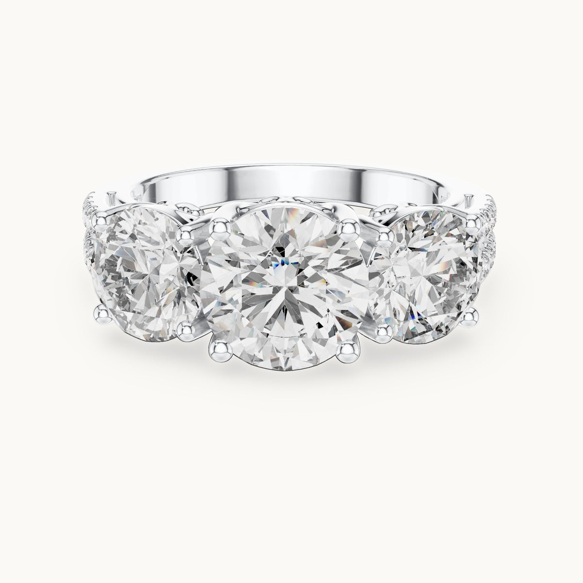 Round lab-grown diamond three-stone engagement ring with split pavé shank in white gold, 4.192 CT TW, view 4