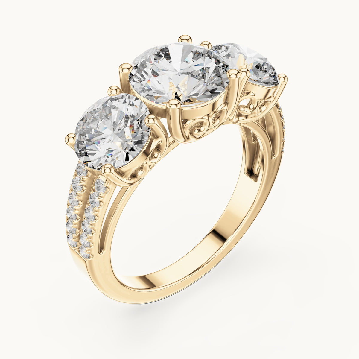 Round lab-grown diamond three-stone engagement ring with split pavé shank in yellow gold, 4.192 CT TW, view 2