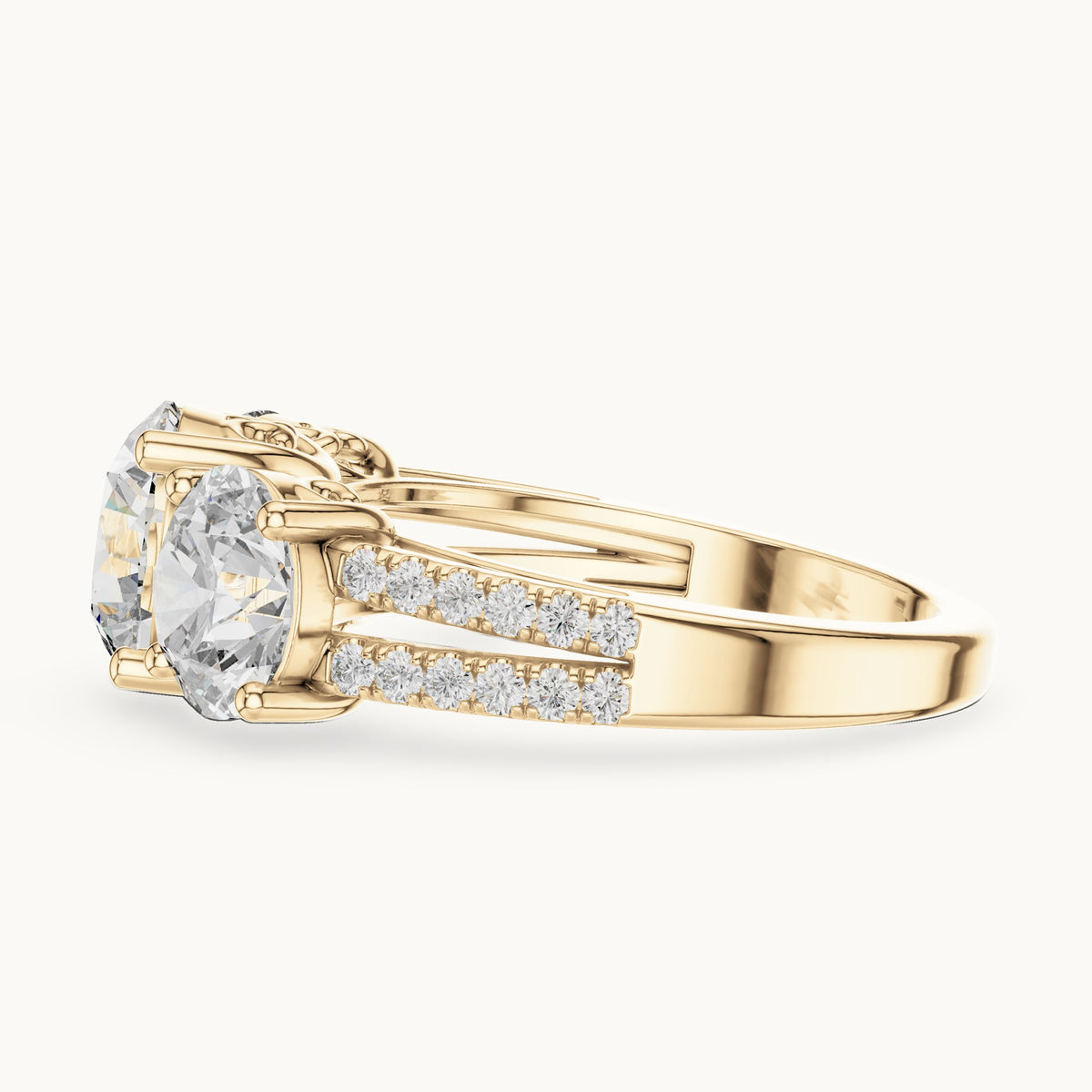 Round lab-grown diamond three-stone engagement ring with split pavé shank in yellow gold, 4.192 CT TW, view 3
