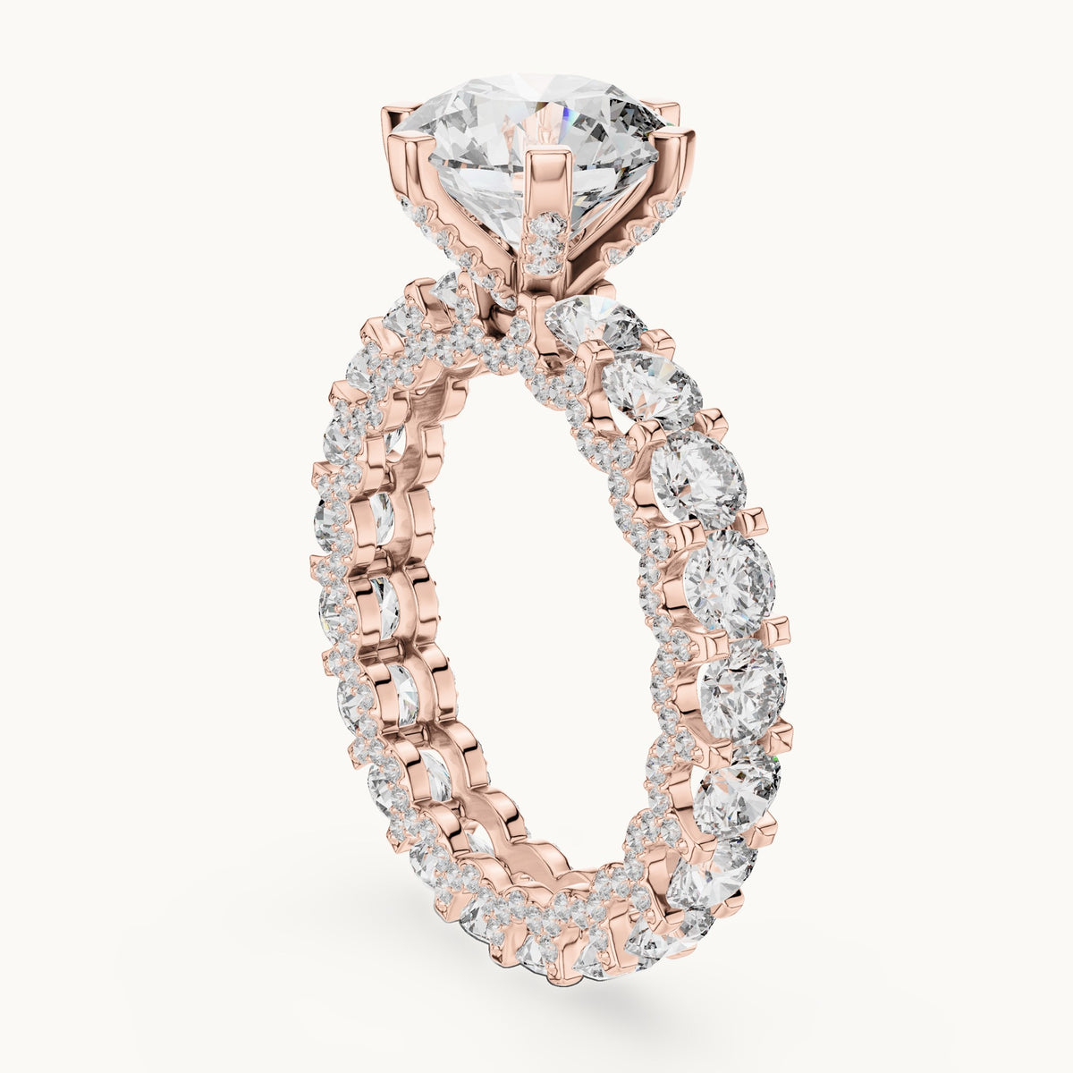 Round lab-grown diamond hidden halo eternity engagement ring in rose gold, 4.982 CT TW, view 1