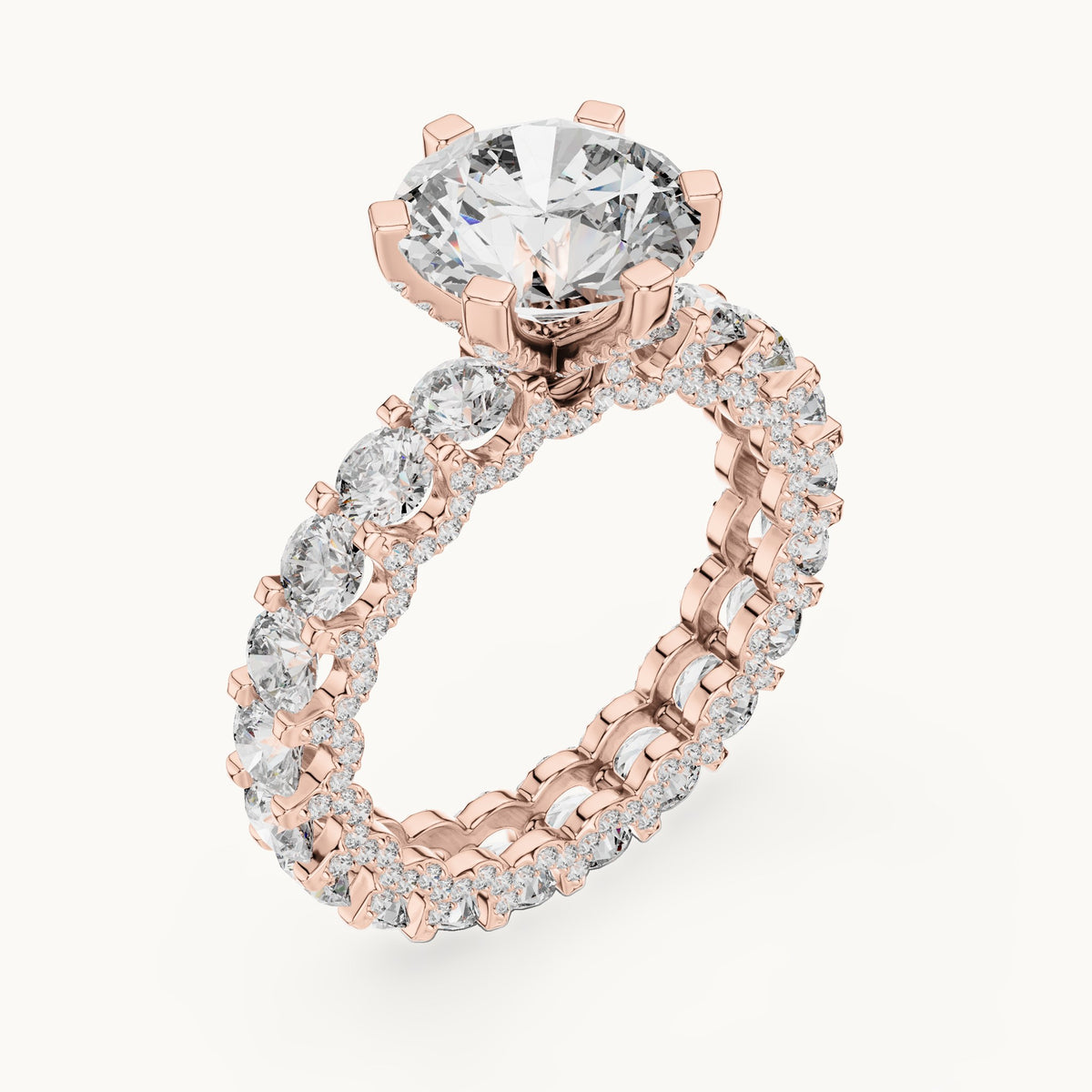 Round lab-grown diamond hidden halo eternity engagement ring in rose gold, 4.982 CT TW, view 2