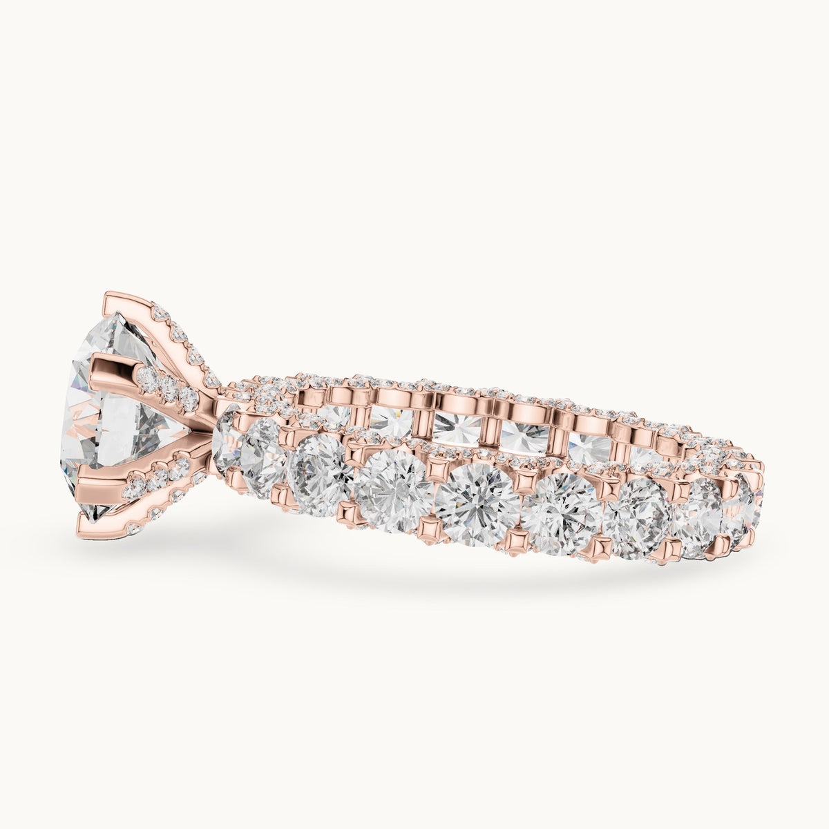 Round lab-grown diamond hidden halo eternity engagement ring in rose gold, 4.982 CT TW, view 3