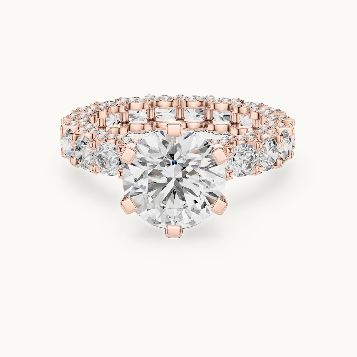 Round lab-grown diamond hidden halo eternity engagement ring in rose gold, 4.982 CT TW, view 4