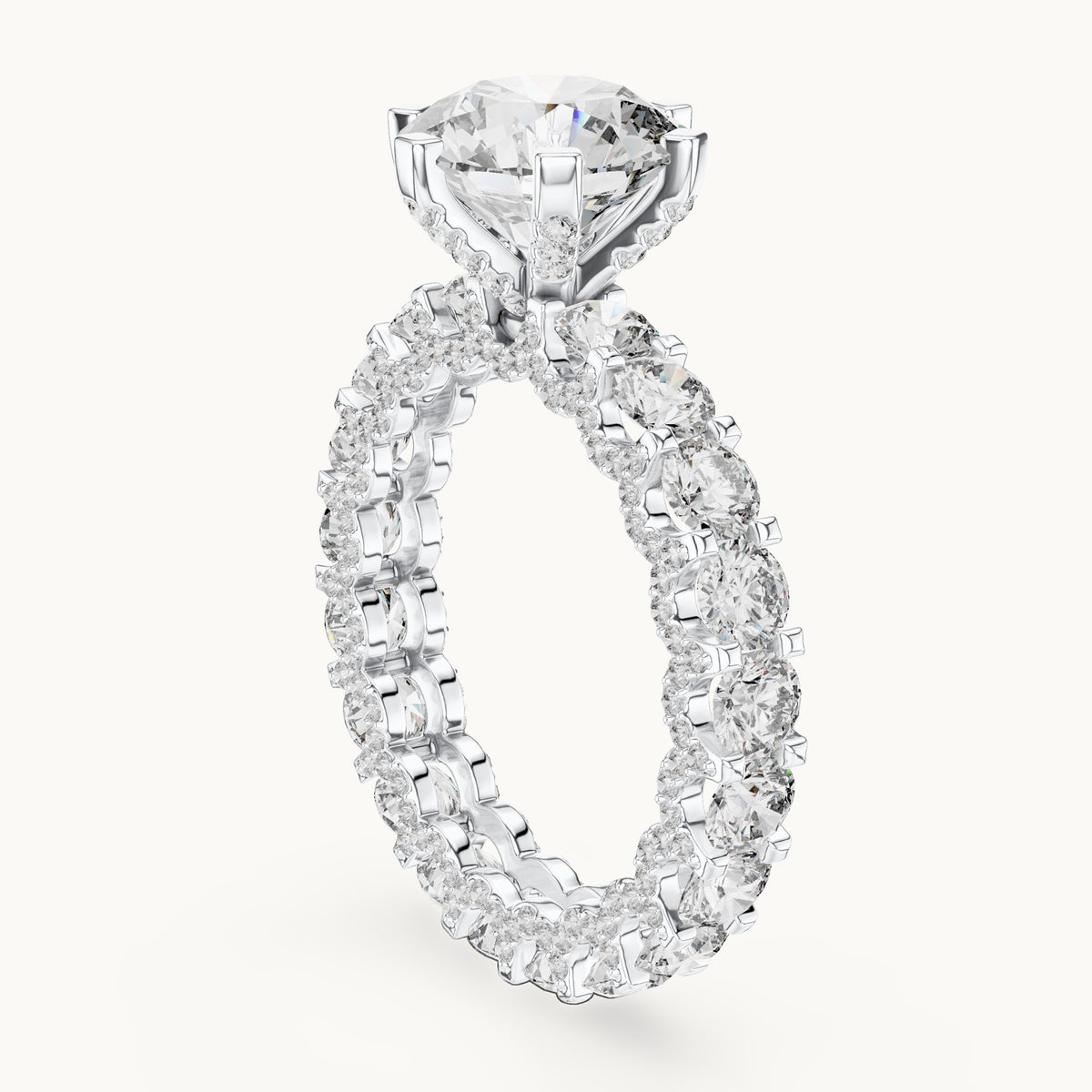 Round lab-grown diamond hidden halo eternity engagement ring in white gold, 4.982 CT TW, view 1