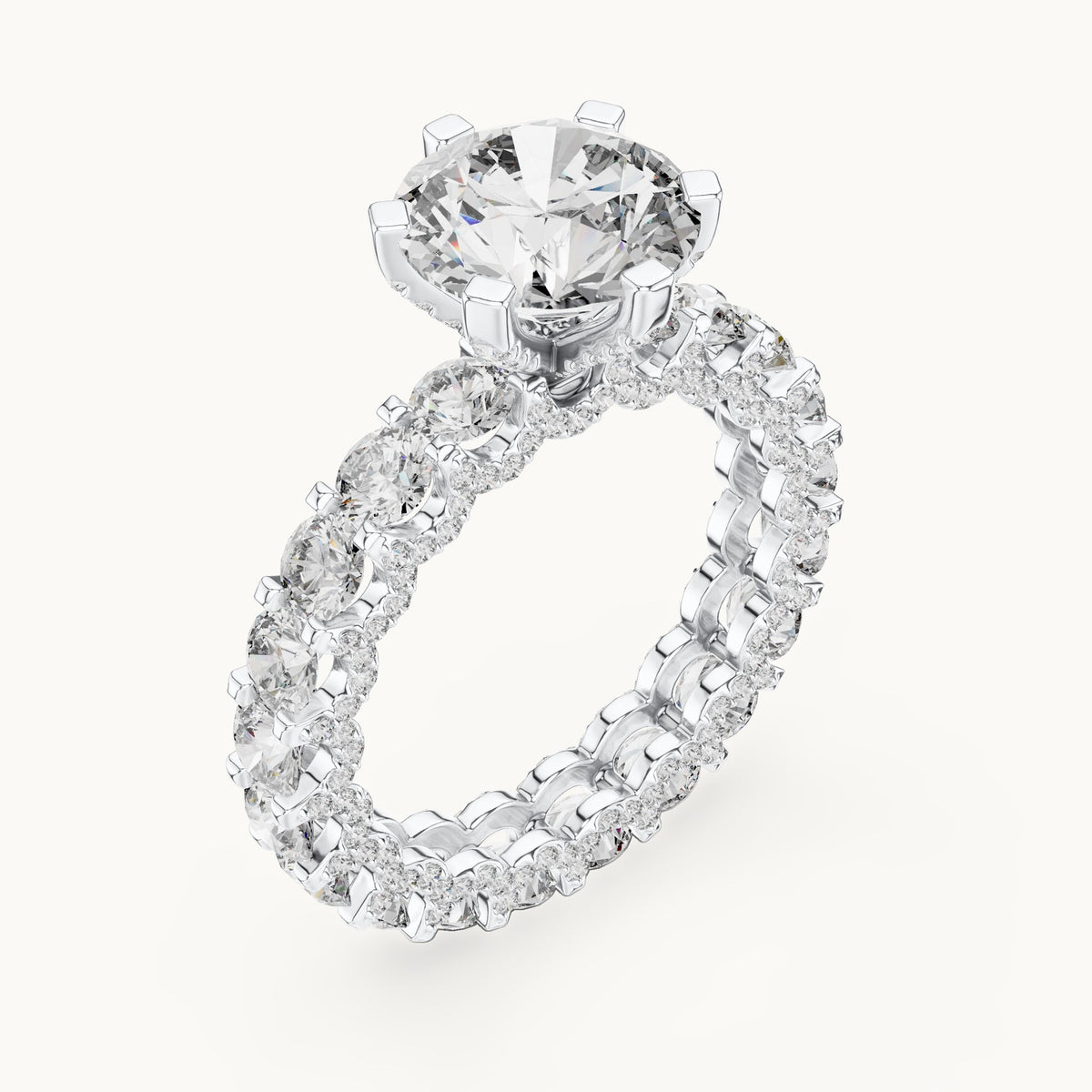 Round lab-grown diamond hidden halo eternity engagement ring in white gold, 4.982 CT TW, view 2