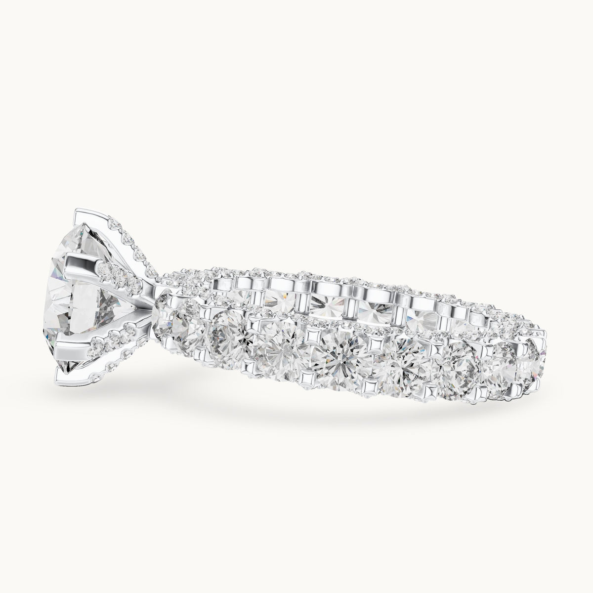 Round lab-grown diamond hidden halo eternity engagement ring in white gold, 4.982 CT TW, view 3