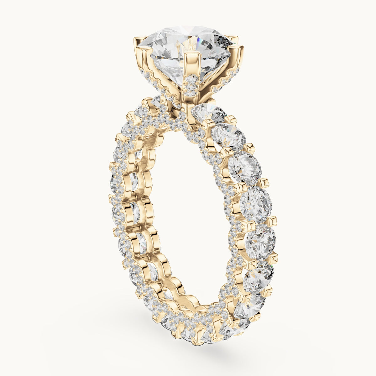 Round lab-grown diamond hidden halo eternity engagement ring in yellow gold, 4.982 CT TW, view 1