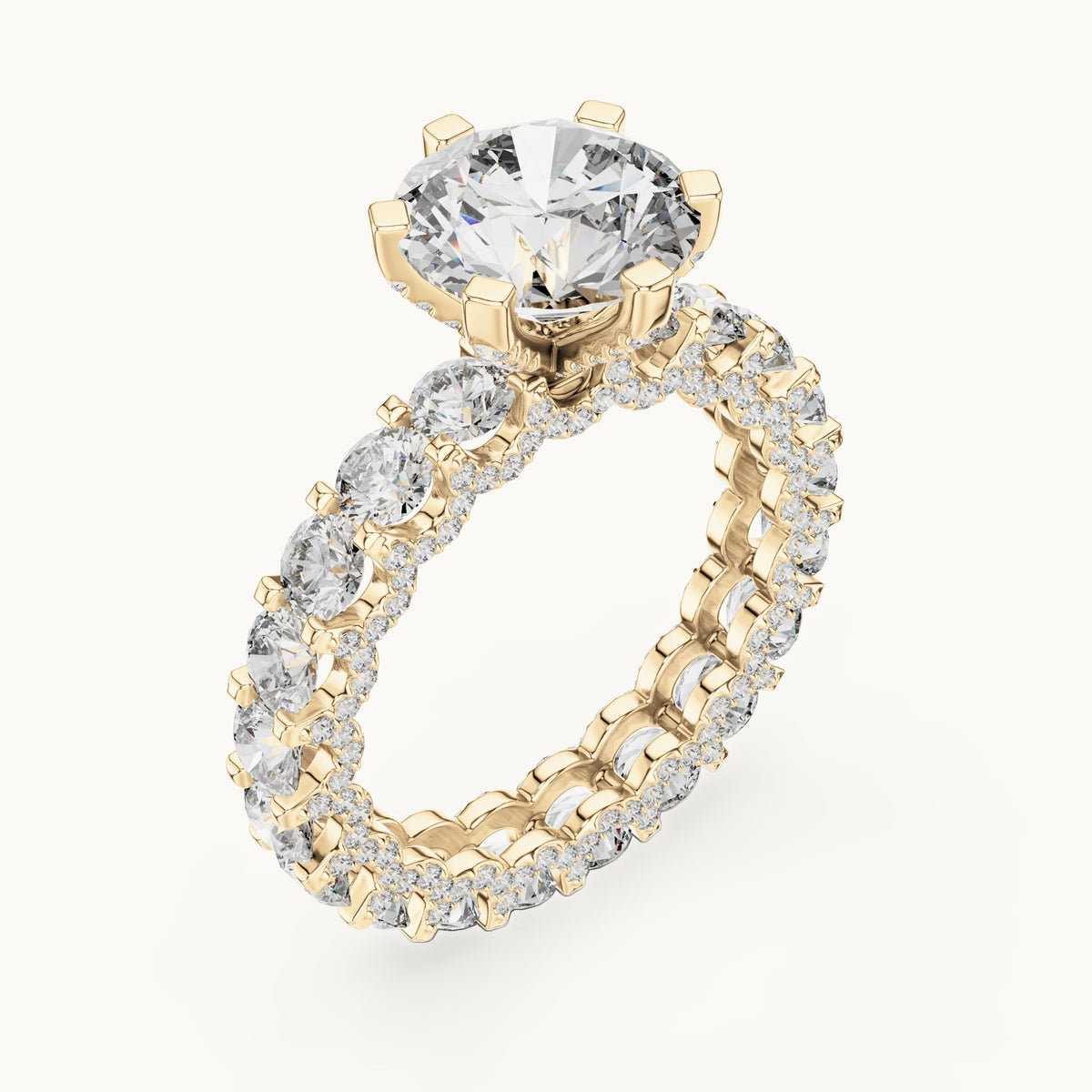 Round lab-grown diamond hidden halo eternity engagement ring in yellow gold, 4.982 CT TW, view 2