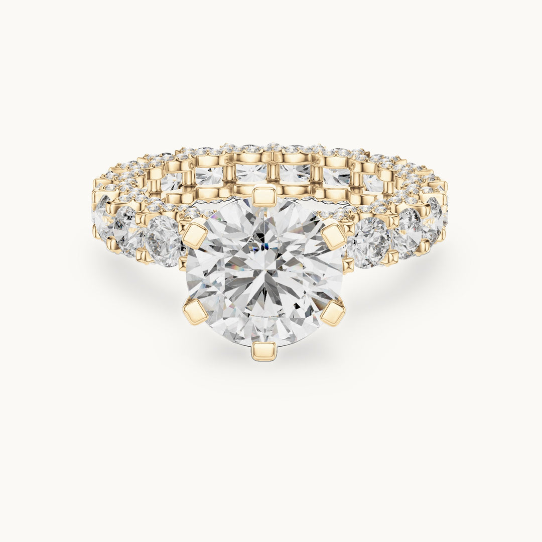 Round lab-grown diamond hidden halo eternity engagement ring in yellow gold, 4.982 CT TW, view 4