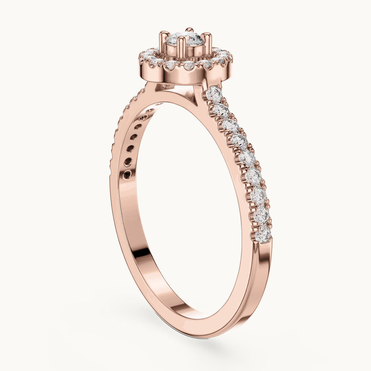 Round lab-grown diamond halo engagement ring in rose gold, 0.309 CT TW, view 1