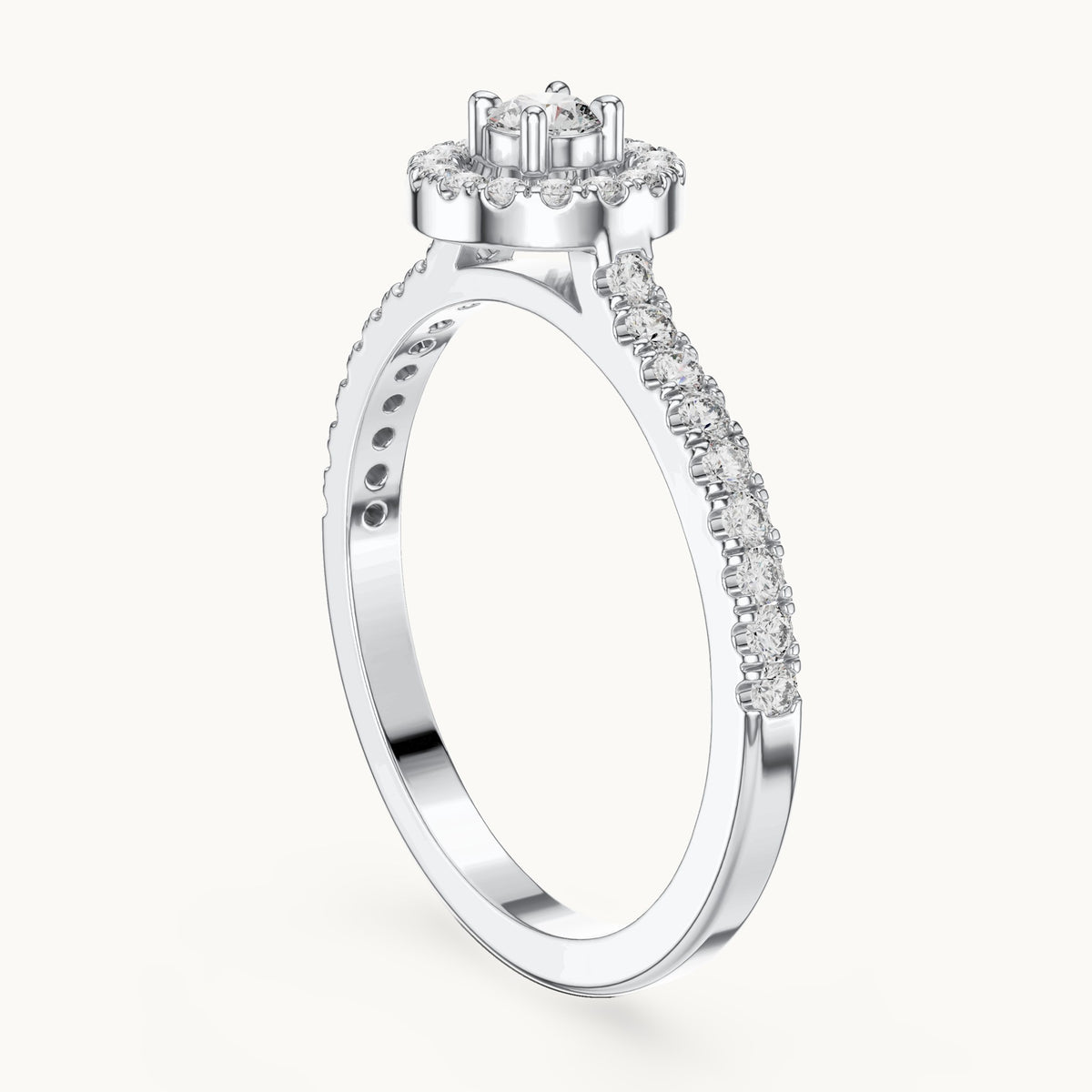 Round lab-grown diamond halo engagement ring in white gold, 0.309 CT TW, view 1