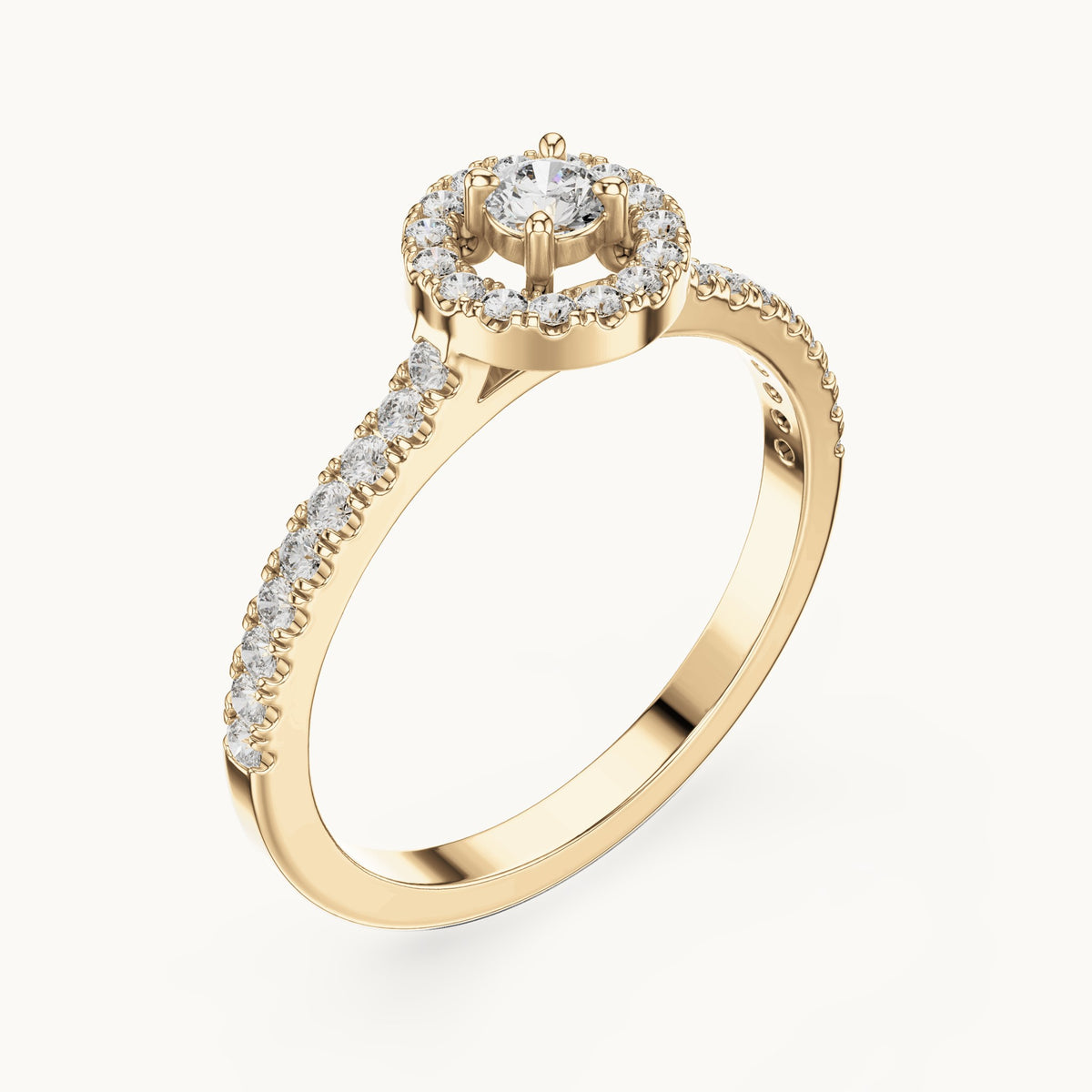 Round lab-grown diamond halo engagement ring in yellow gold, 0.309 CT TW, view 2