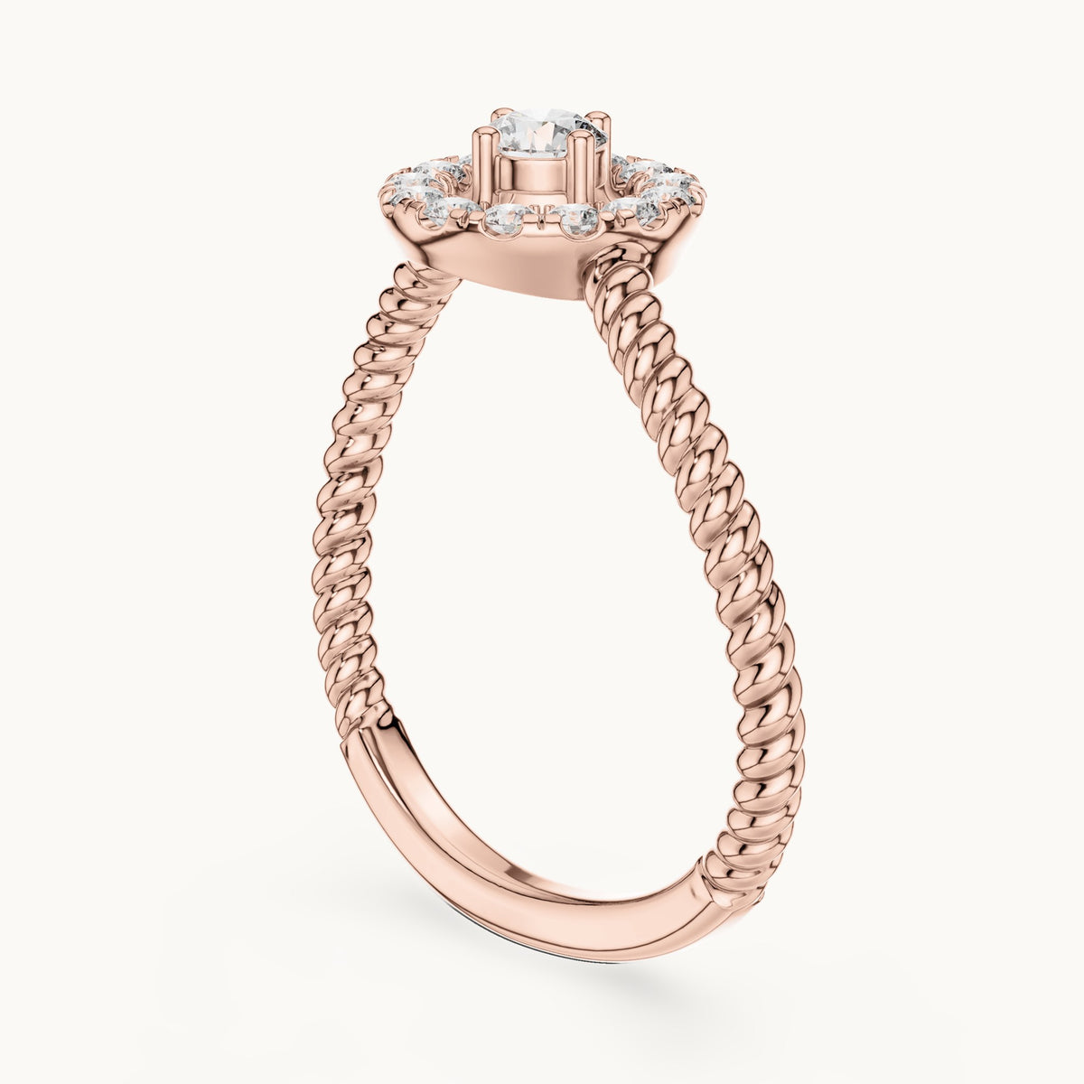 Round lab-grown diamond halo twisted rope bypass ring in rose gold, 0.23 CT TW, view 1