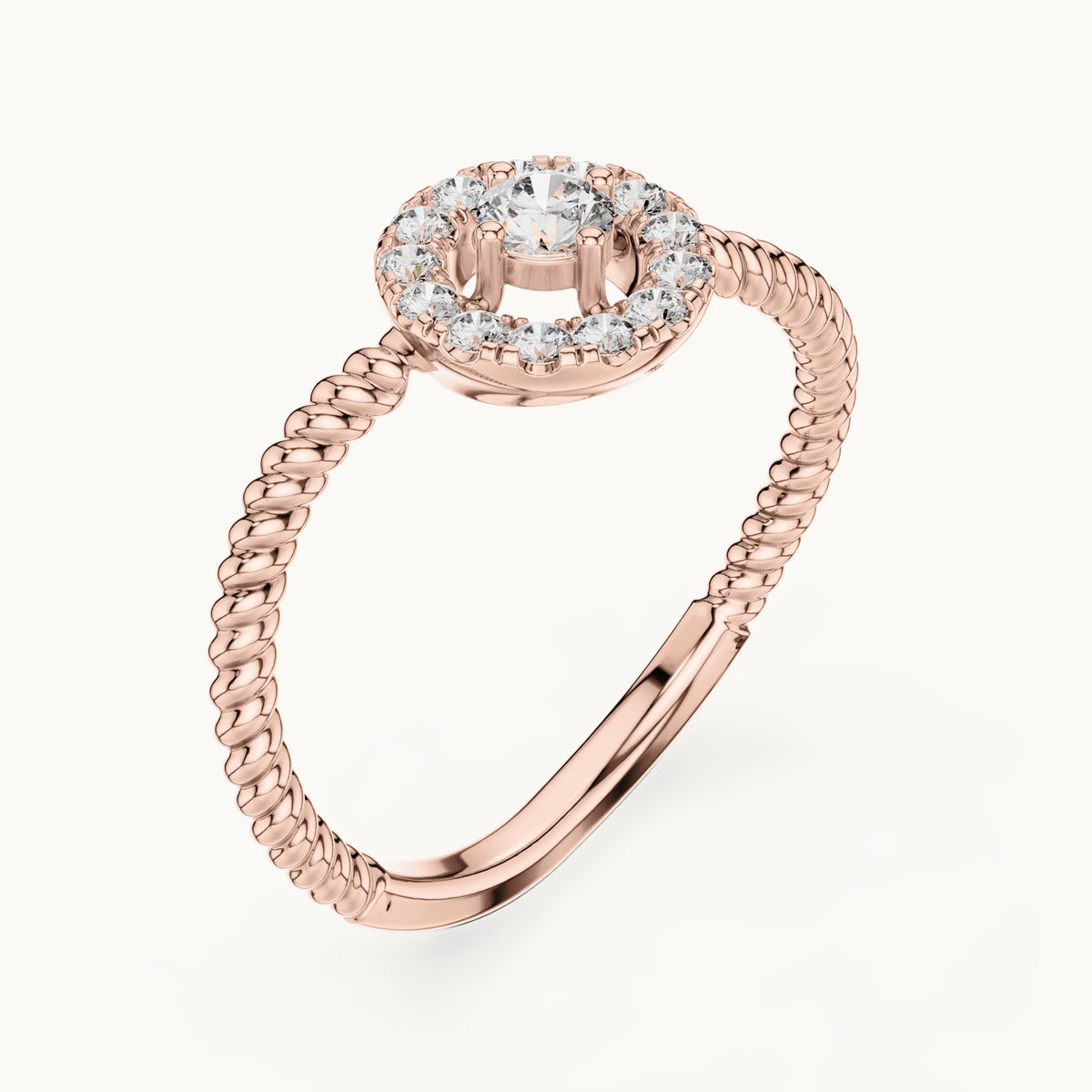 Round lab-grown diamond halo twisted rope bypass ring in rose gold, 0.23 CT TW, view 2