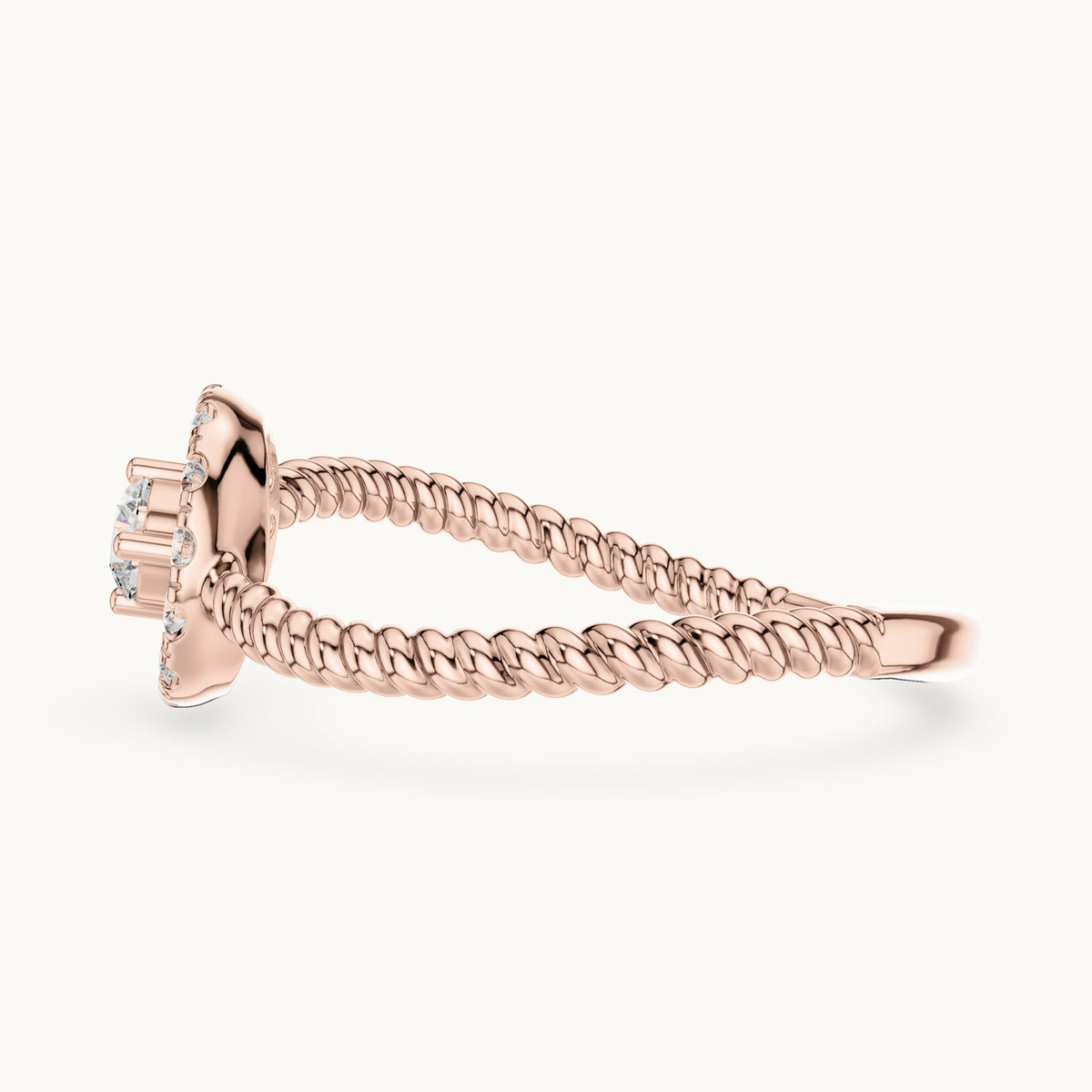 Round lab-grown diamond halo twisted rope bypass ring in rose gold, 0.23 CT TW, view 3