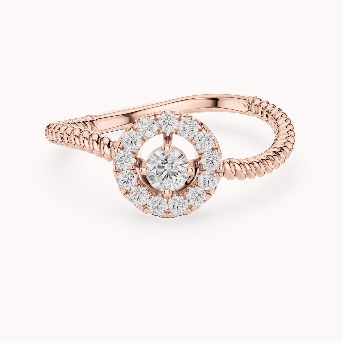 Round lab-grown diamond halo twisted rope bypass ring in rose gold, 0.23 CT TW, view 4