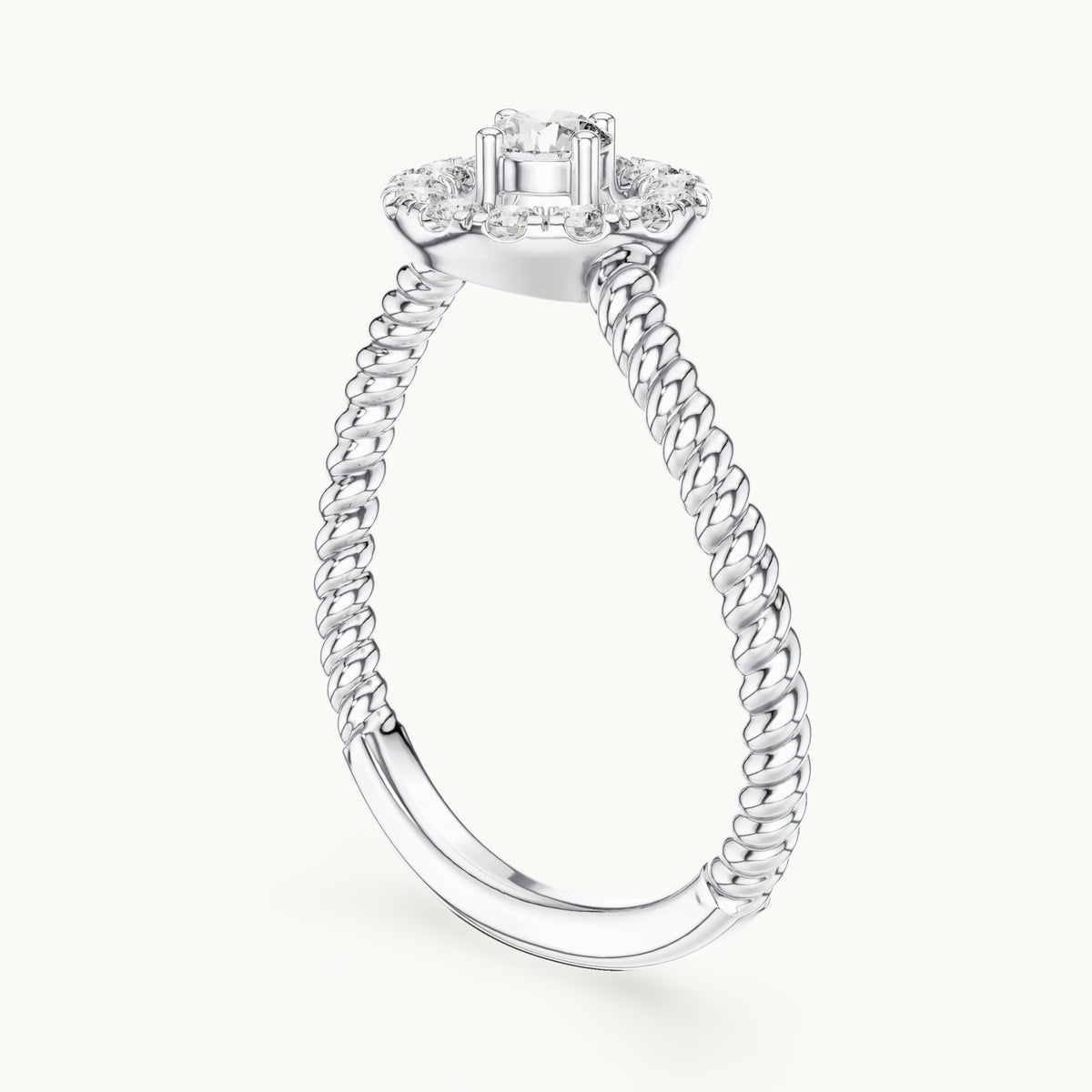 Round lab-grown diamond halo twisted rope bypass ring in white gold, 0.23 CT TW, view 1
