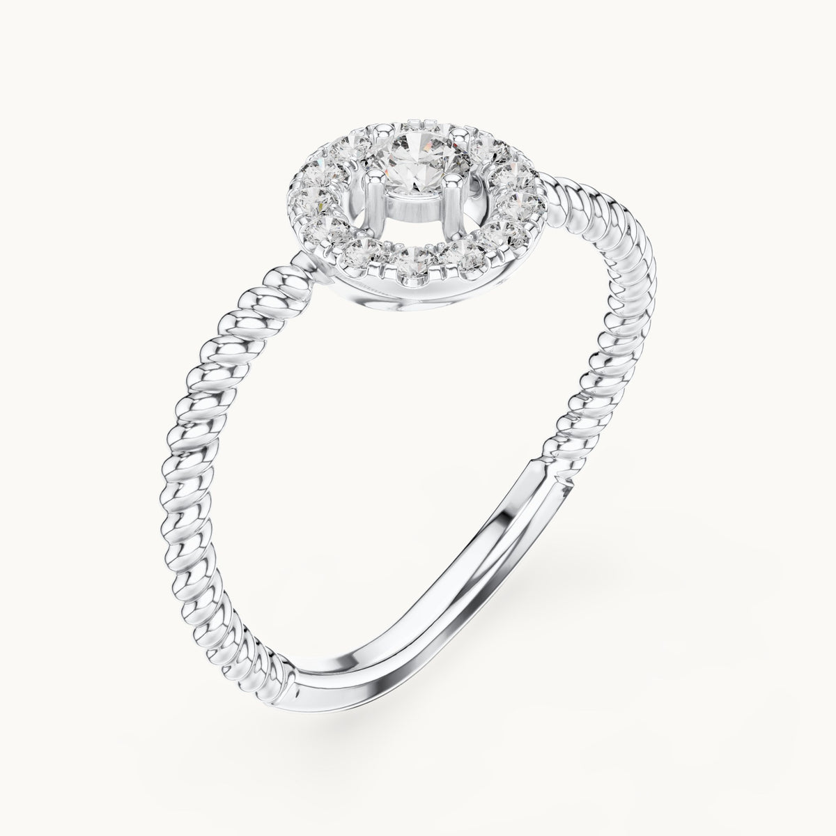 Round lab-grown diamond halo twisted rope bypass ring in white gold, 0.23 CT TW, view 2