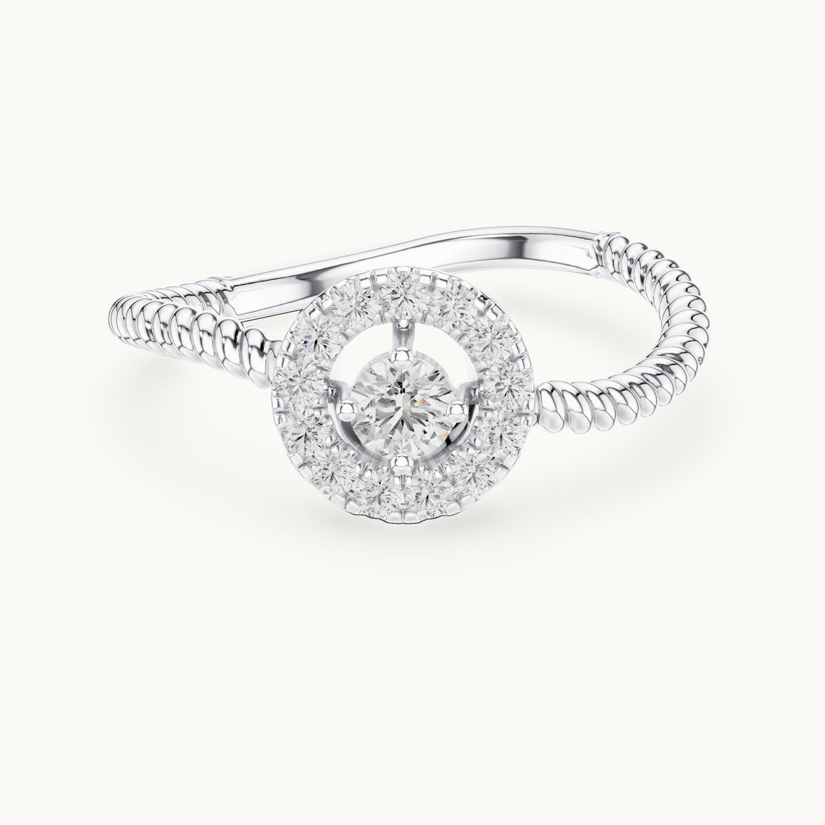 Round lab-grown diamond halo twisted rope bypass ring in white gold, 0.23 CT TW, view 4
