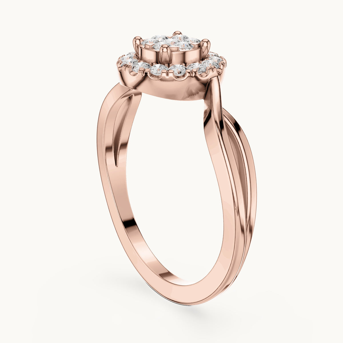 Round lab-grown diamond cluster halo bypass ring in rose gold, 0.282 CT TW, view 1
