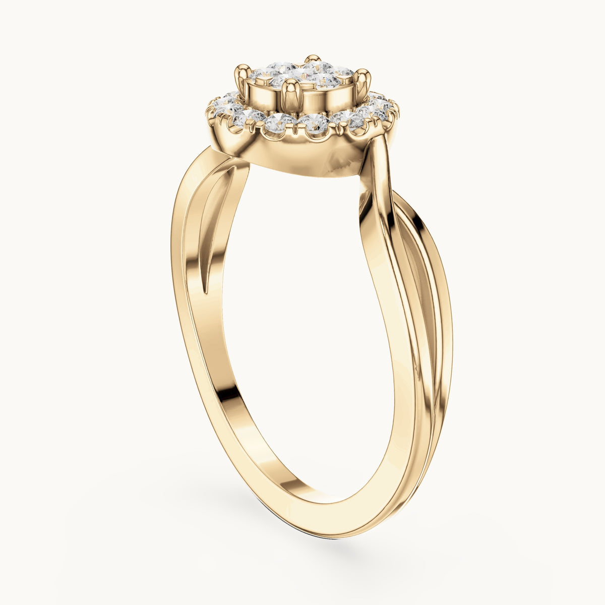 Round lab-grown diamond cluster halo bypass ring in yellow gold, 0.282 CT TW, view 1