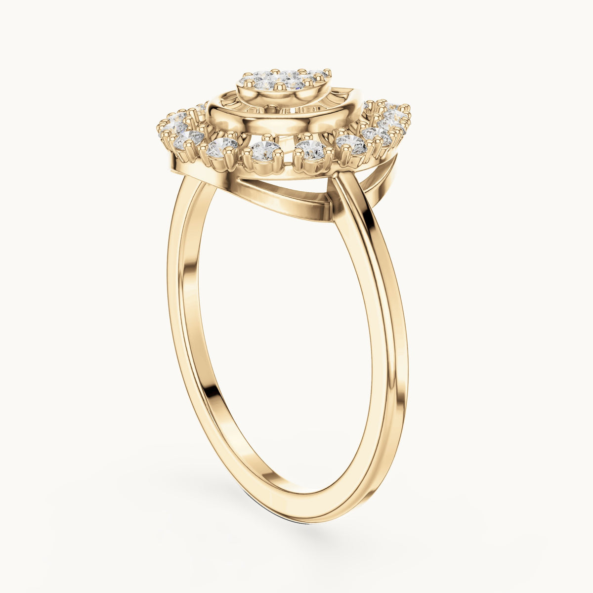 Round lab-grown diamond teardrop cluster halo ring in yellow gold, 0.227 CT TW, view 1