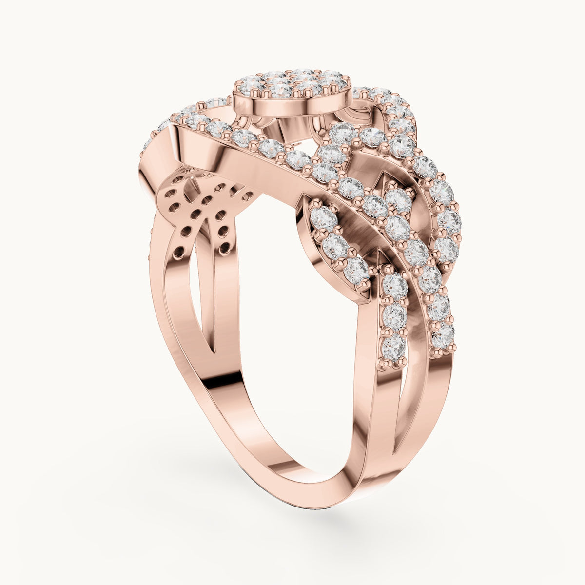Round lab-grown diamond pavé crossover cluster ring in rose gold, 0.612 CT TW, view 1