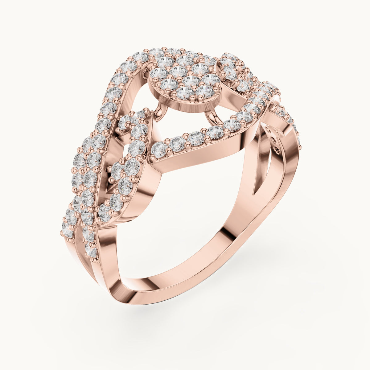 Round lab-grown diamond pavé crossover cluster ring in rose gold, 0.612 CT TW, view 2