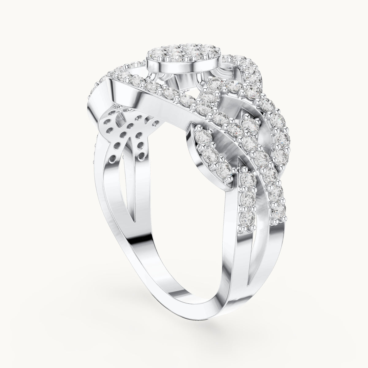 Round lab-grown diamond pavé crossover cluster ring in white gold, 0.612 CT TW, view 1