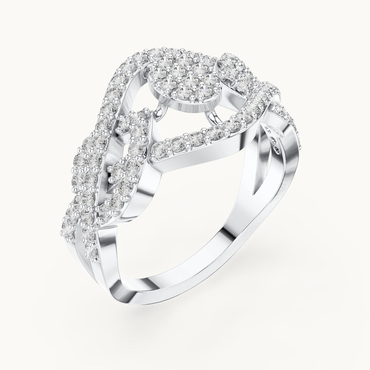 Round lab-grown diamond pavé crossover cluster ring in white gold, 0.612 CT TW, view 2