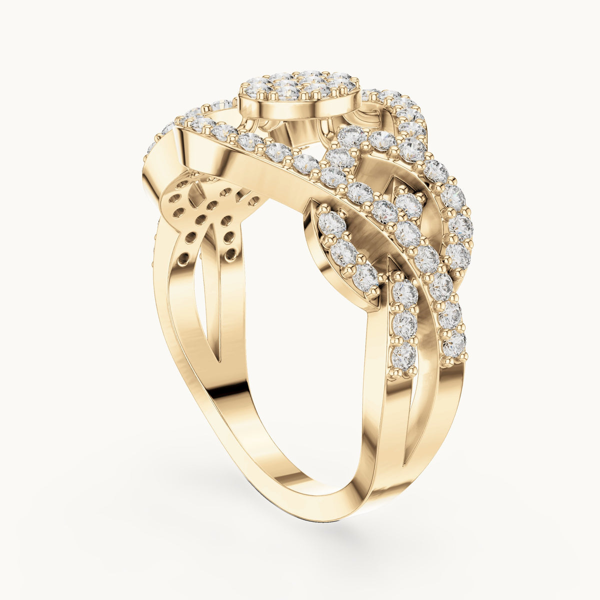 Round lab-grown diamond pavé crossover cluster ring in yellow gold, 0.612 CT TW, view 1