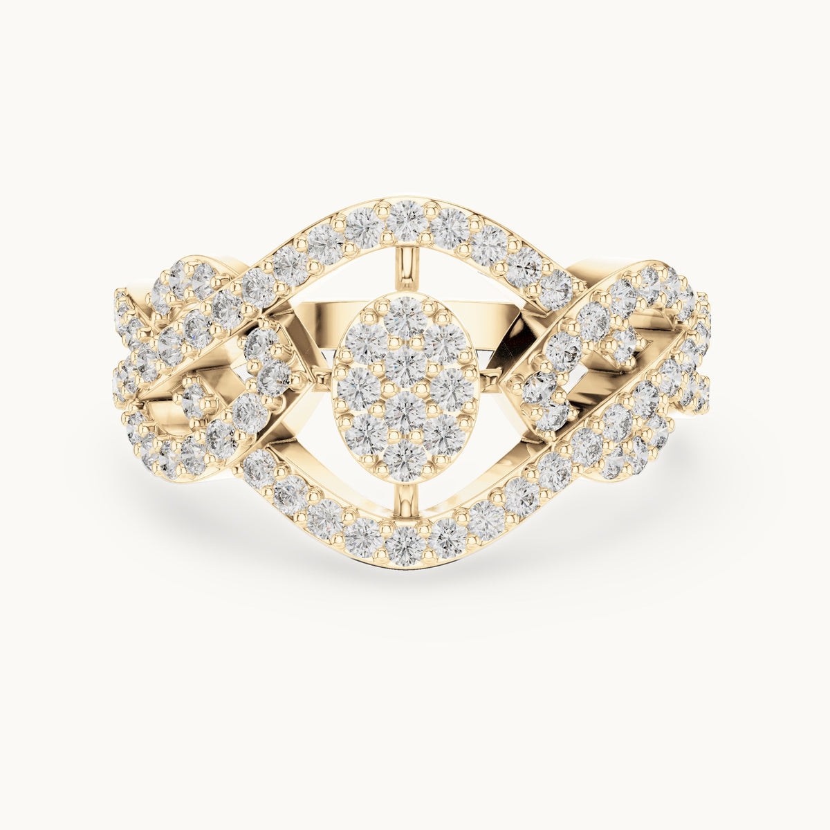 Round lab-grown diamond pavé crossover cluster ring in yellow gold, 0.612 CT TW, view 4