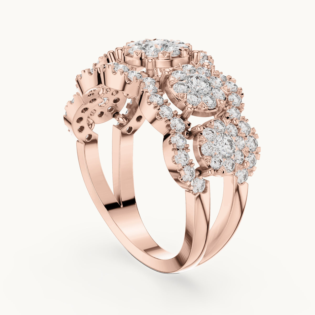 Round lab-grown diamond three-cluster halo ring in rose gold, 1.352 CT TW, view 1
