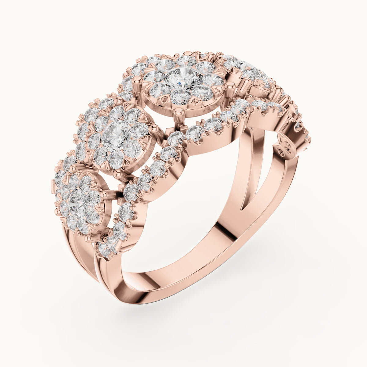 Round lab-grown diamond three-cluster halo ring in rose gold, 1.352 CT TW, view 2