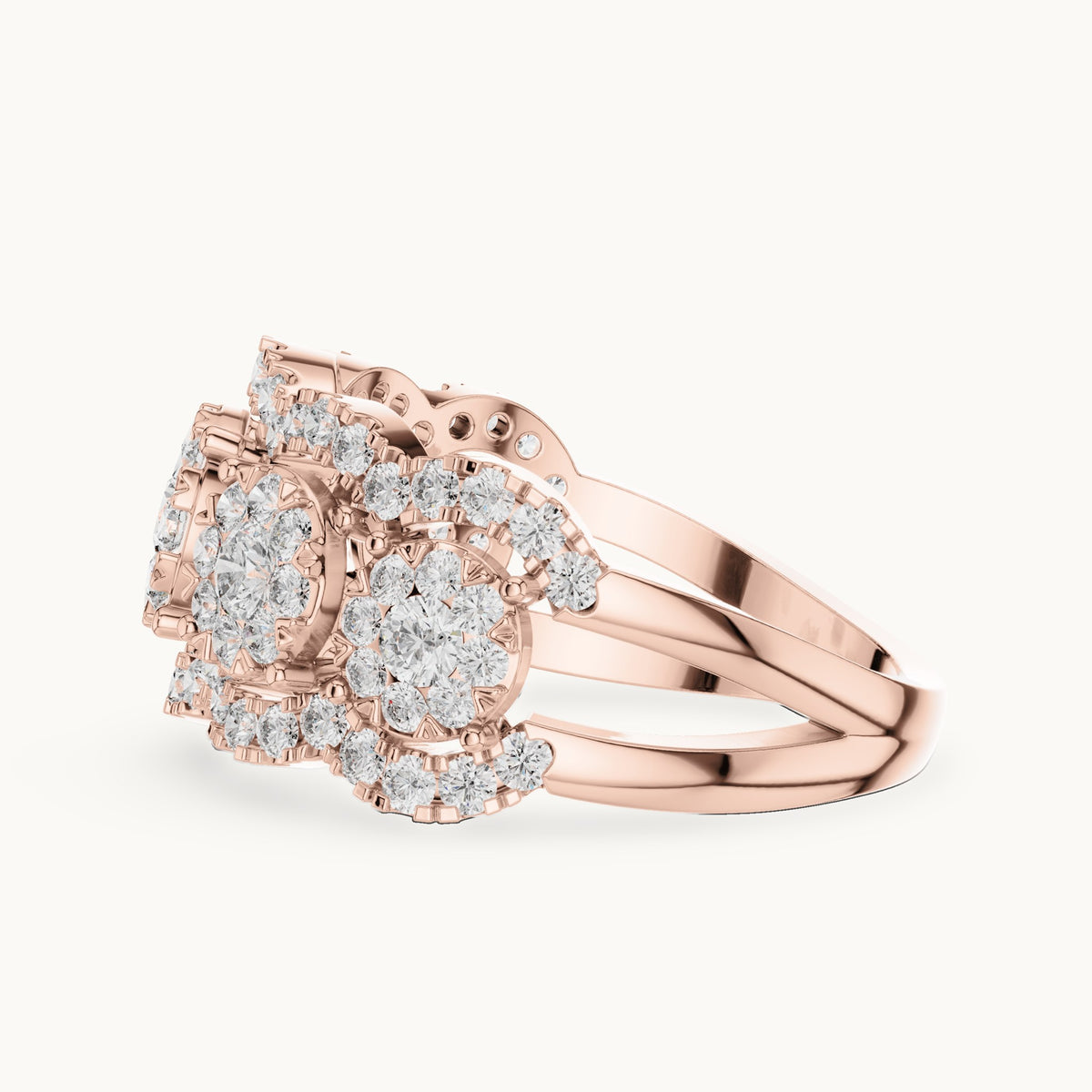 Round lab-grown diamond three-cluster halo ring in rose gold, 1.352 CT TW, view 3