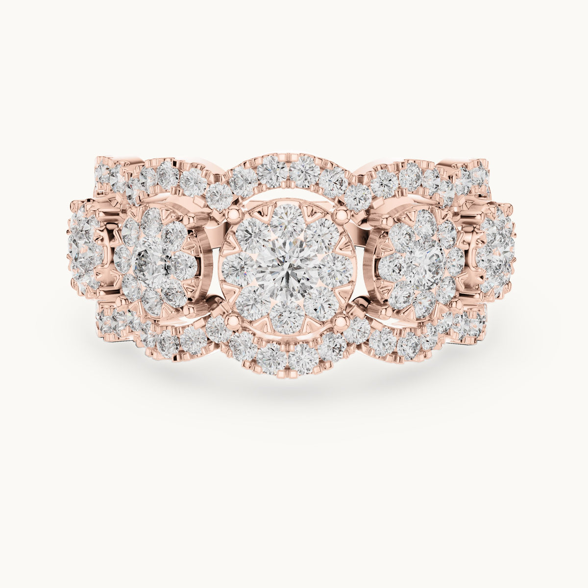 Round lab-grown diamond three-cluster halo ring in rose gold, 1.352 CT TW, view 4